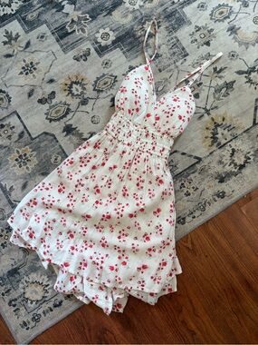 Hollister White Mini Romper Dress with Red Floral Print